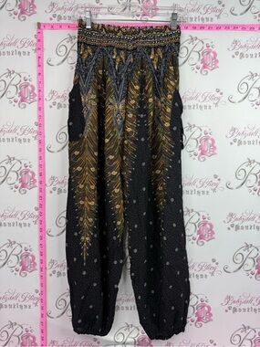 Thailand pants classic pockets stretch Boho Black & Gold Printed Harem Pants